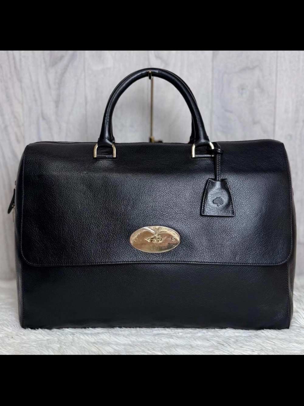 Mulberry Black Leather Duffel with Gold-Tone Plaque